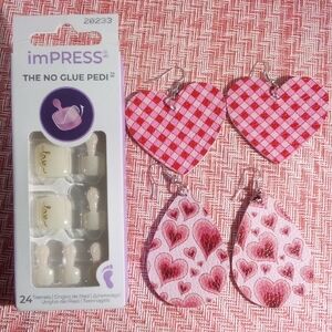 Valentine's Day 💌 ImPress No Glue Pedicure Toenails & 2 pair Earring Set NWT